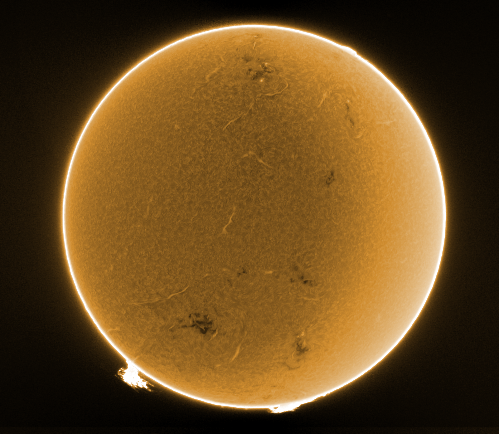 The sun in hydrogen alpha, revealing suface filaments.